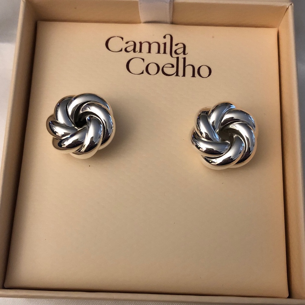 Camila Coelho Polished Silver Tone Love Knot Stud Earrings NIB